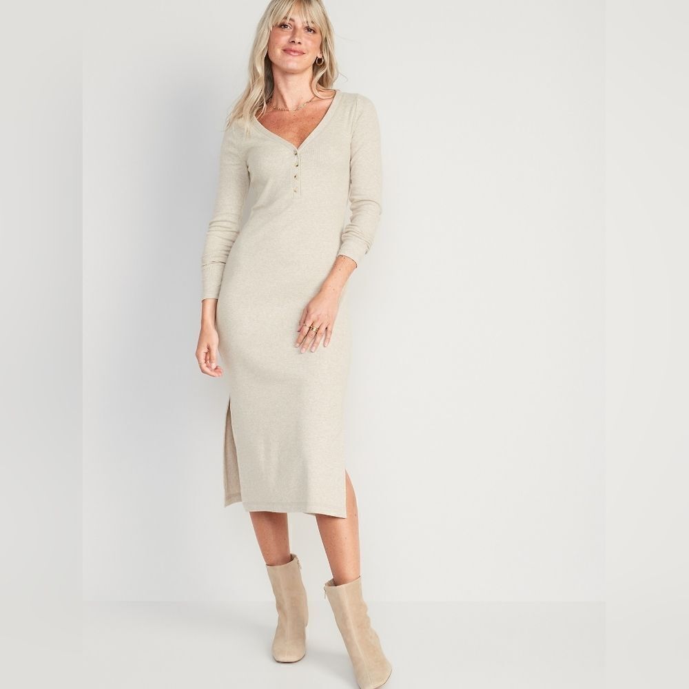 NWOT cream color Cotton rib knit v neck Henley dress size L
